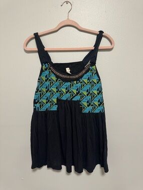 Anthropology Tiny Turquoise Embroider Beaded Aztec Boho Black Tank Top